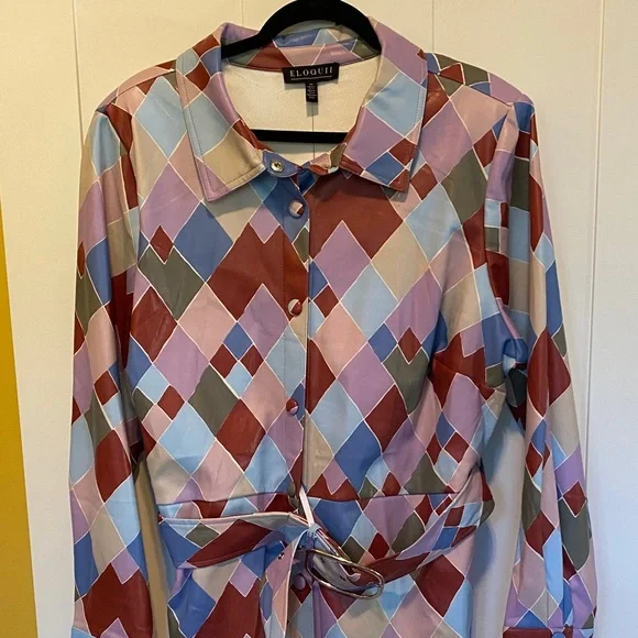 Eloquii Multicolor Diamond Patterned Belted Long-sleeved Dress - Picture 1 of 11